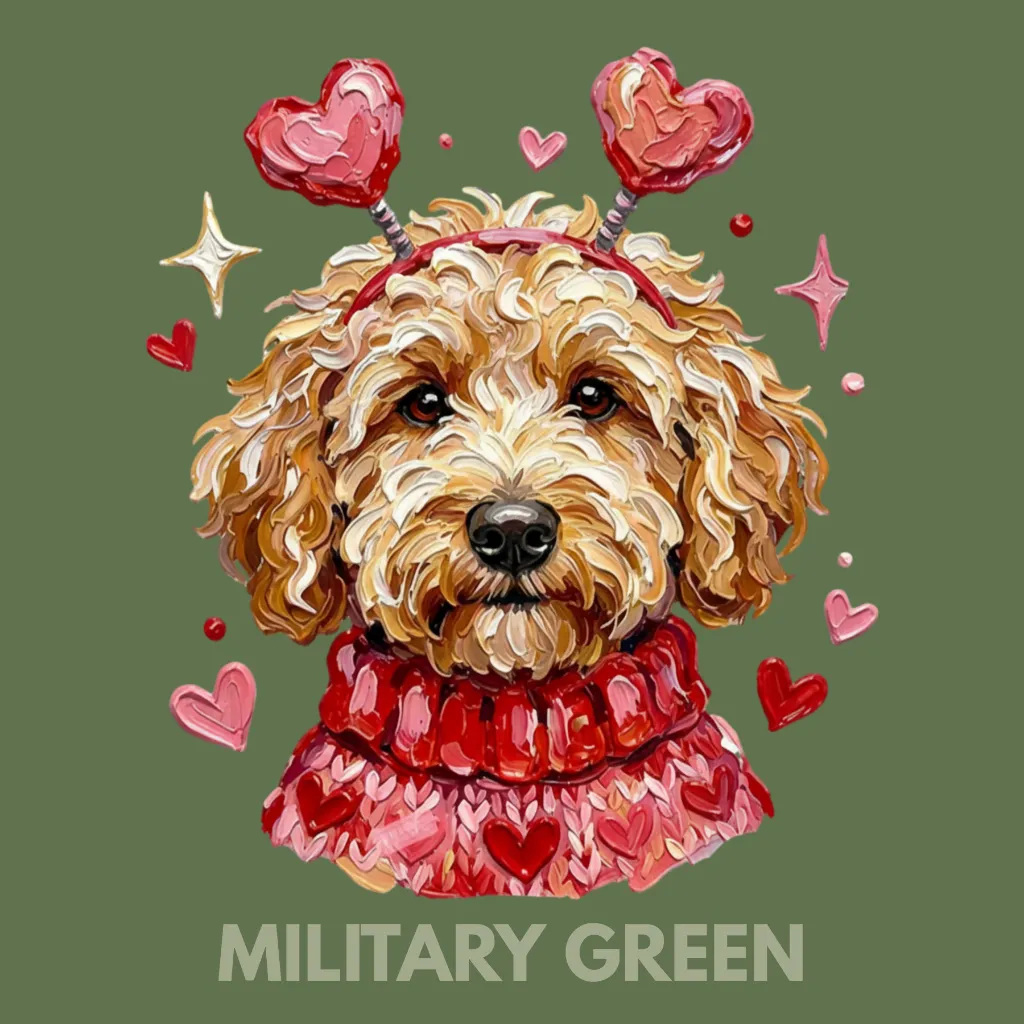 V15 - Labradoodle hand painted with sweater and headband MilitaryGreen_Blank.webp