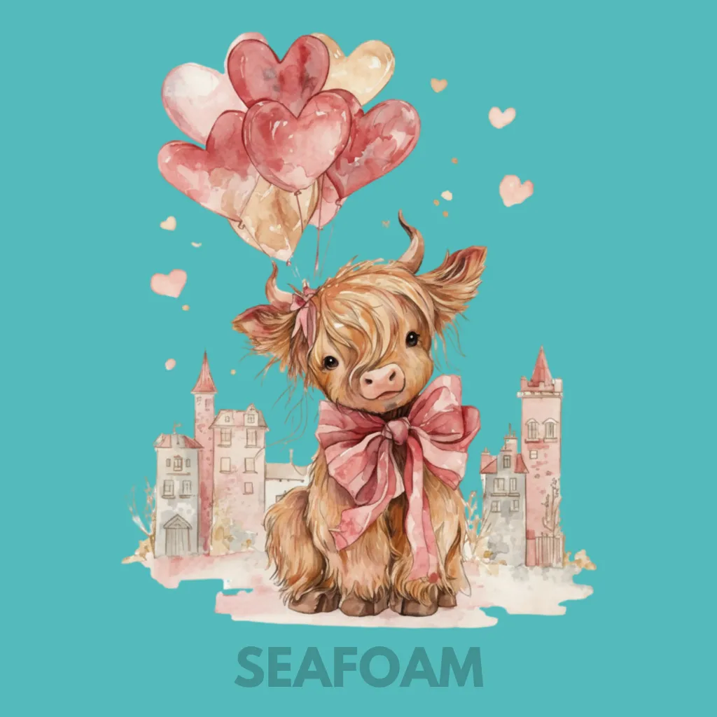 V32 - Highland Cow watercolor cityscape balloons Seafoam_Blank.webp