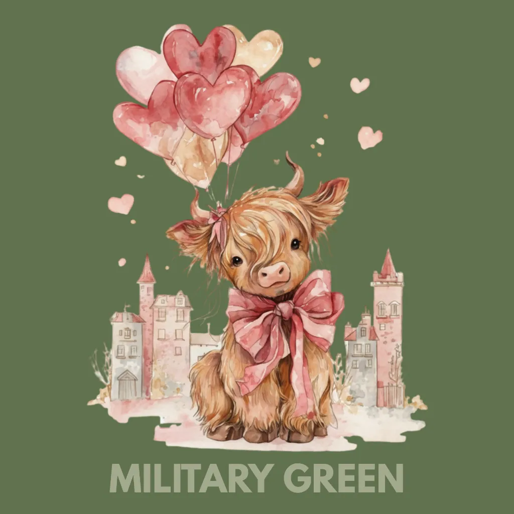 V32 - Highland Cow watercolor cityscape balloons MilitaryGreen_Blank.webp