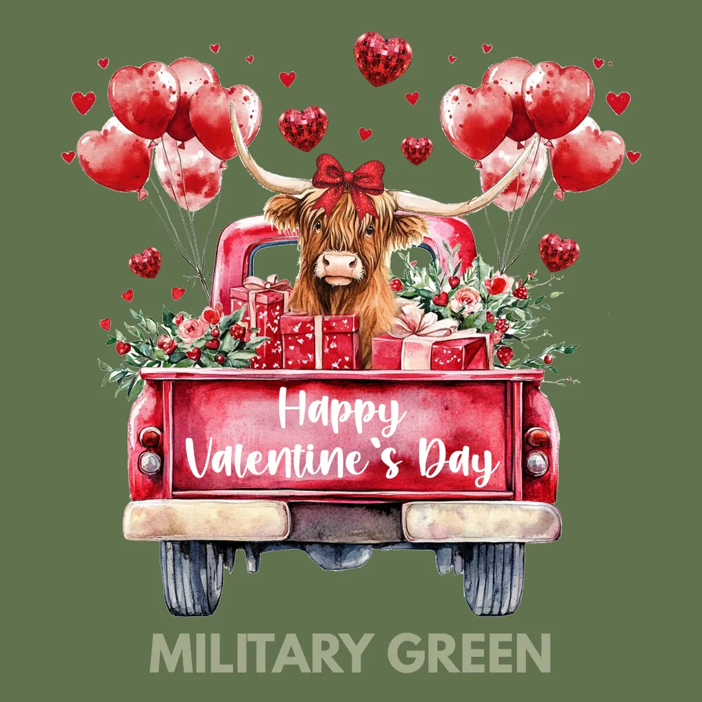V42 - Highland Cow Valentines Truck MilitaryGreen_Blank.webp