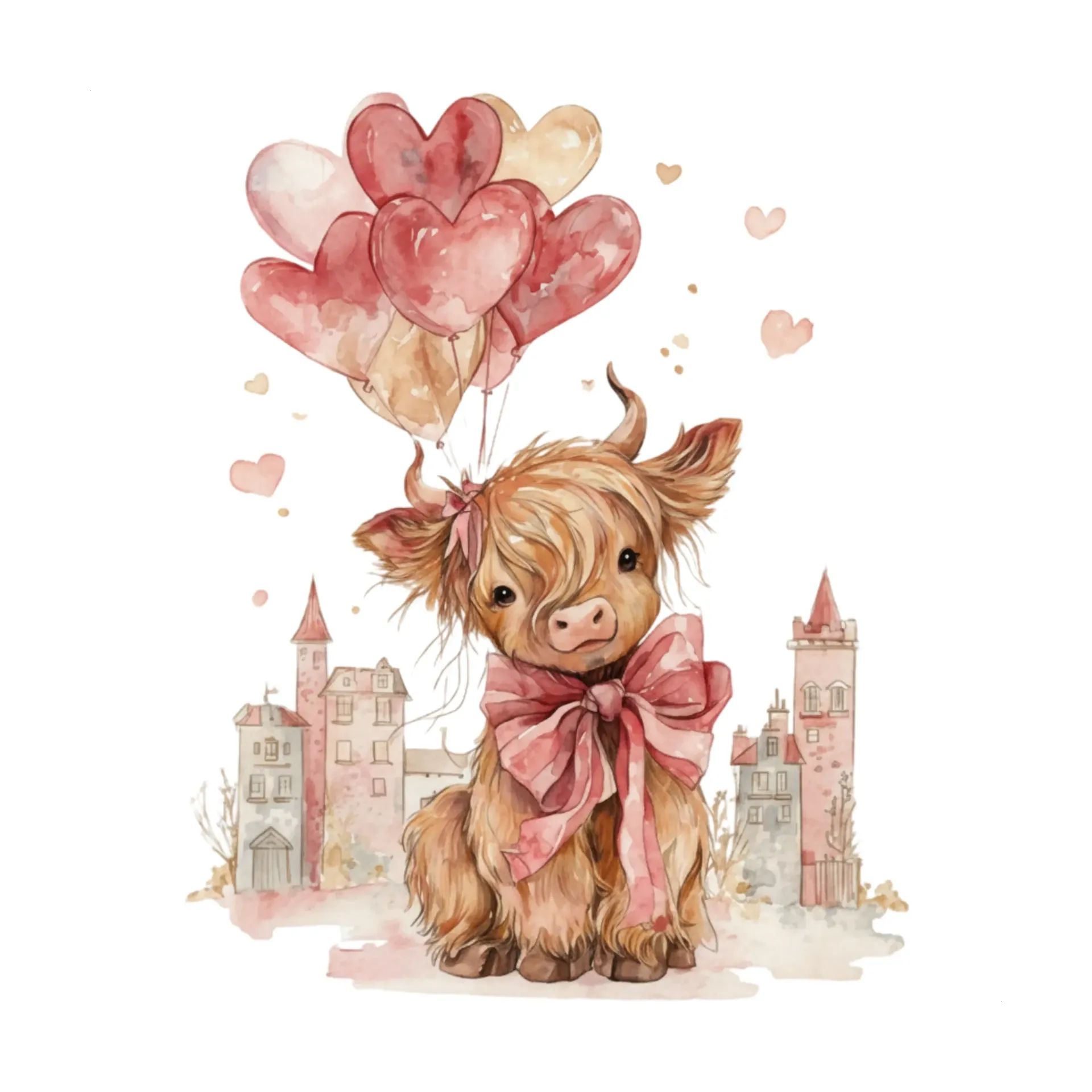 V32 - Highland Cow Watercolor Cityscape Balloons